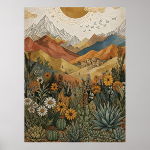 Boho ökenberg Cactus Pueblo Sol Poster