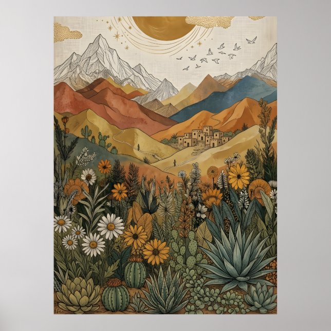 Boho ökenberg Cactus Pueblo Sol Poster (Framsidan)