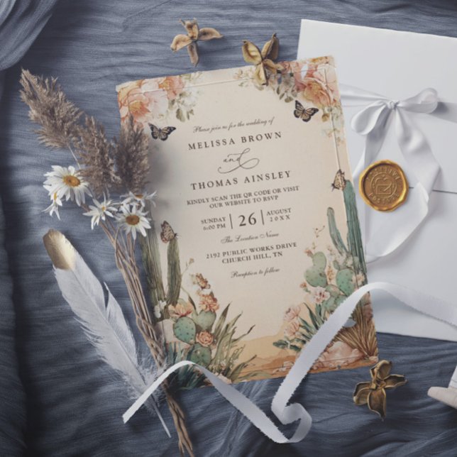 Boho ökenkaktus Elegant QR-kod Bröllop Inbjudningar (Skapare uppladdad)