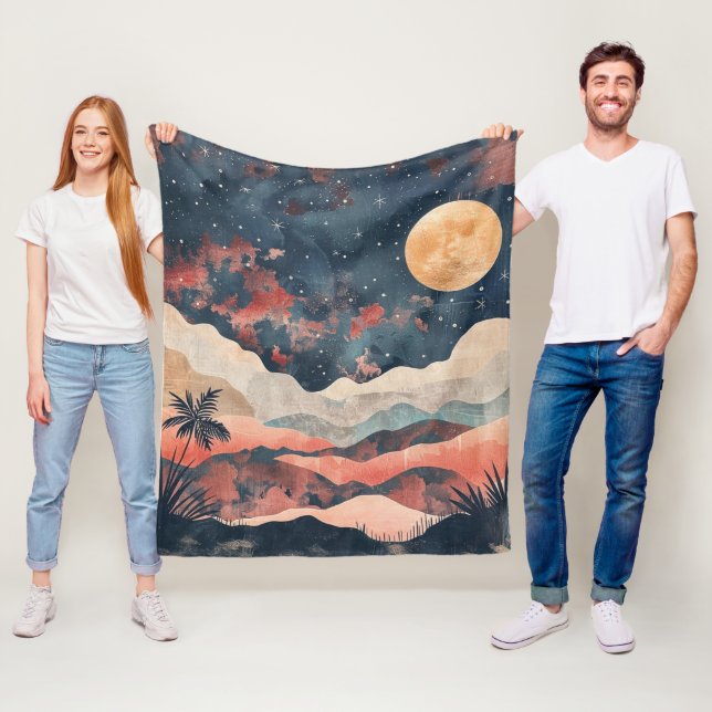 Boho ökenmåne Indigo Koppar Celestial Landskap Fleecefilt (På plats)