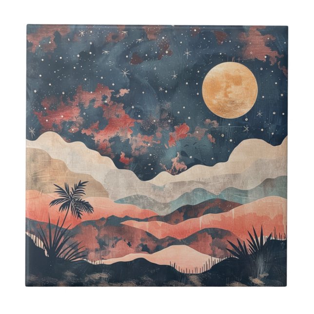 Boho ökenmåne Indigo Koppar Celestial Landskap Kakelplatta (Framsidan)