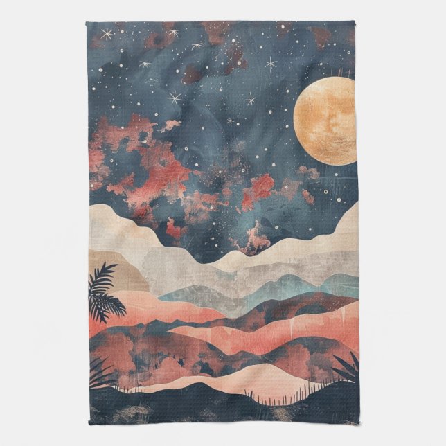 Boho ökenmåne Indigo Koppar Celestial Landskap Kökshandduk (Vertikal)