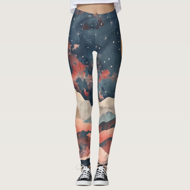 Boho ökenmåne Indigo Koppar Celestial Landskap Leggings (Framsida)