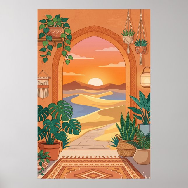 Boho ökenvalvbåge solnedgång med dyner, hängande P Poster (Framsidan)