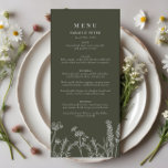 Boho Oliv grönt Wildblomma Bröllop Flat Menu Meny<br><div class="desc">Öka din bröllopsmottagning med vår Boho Oliv grönt Wildblomma Bröllop Flat Menu. Designat med tanke på det moderna bohemiska paret har den här fantastiska menyn en känslig motiv för vilda blommor som ställs in mot en oliv grönt bakgrund. Perfekt för att lägga till en liten elegans till dina bord-inställningar är...</div>