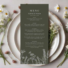 Boho Oliv grönt Wildblomma Bröllop Flat Menu Meny