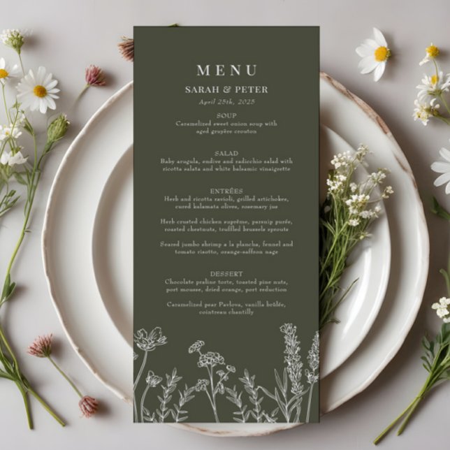 Boho Oliv grönt Wildblomma Bröllop Flat Menu Meny (Skapare uppladdad)