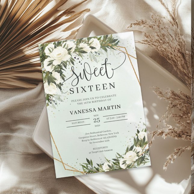 Boho Olive foliage vit ros Sweet sixteen Inbjudningar (Boho Olive foliage white roses Sweet sixteen Invitation)