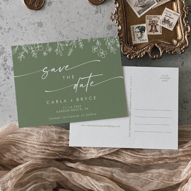 Boho Olive Green Wildflower Wedding Save the Date Inbjudan Vykort (Skapare uppladdad)