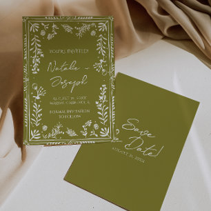 Boho Olive Handritad Blommig Trädgård Spara Datum Datumet