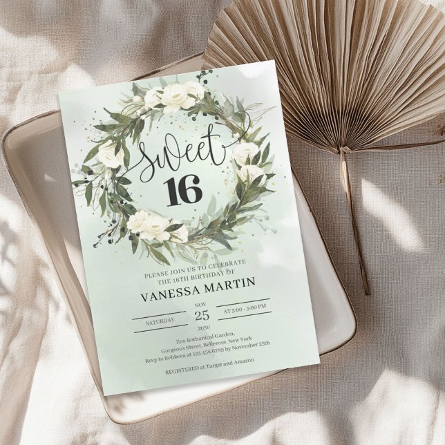 Boho Olive wandeans vit ros Sweet sixteen Inbjudningar (Boho Olive wreath white roses Sweet sixteen Invitation)