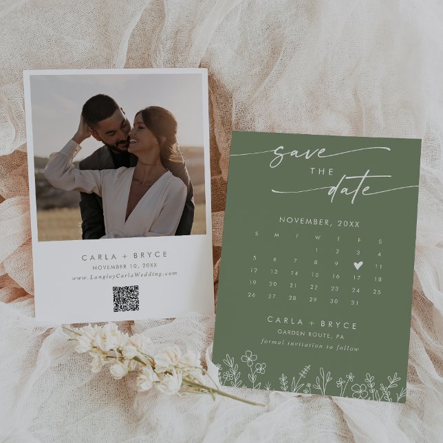 Boho Olive Wildflower QR Code Photo Calendar  Spara Datumet (Skapare uppladdad)