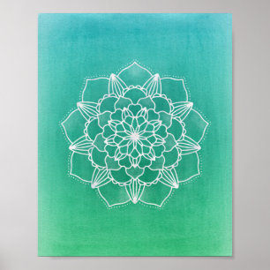 Boho Ombre Mandala Flower i Grönt Poster