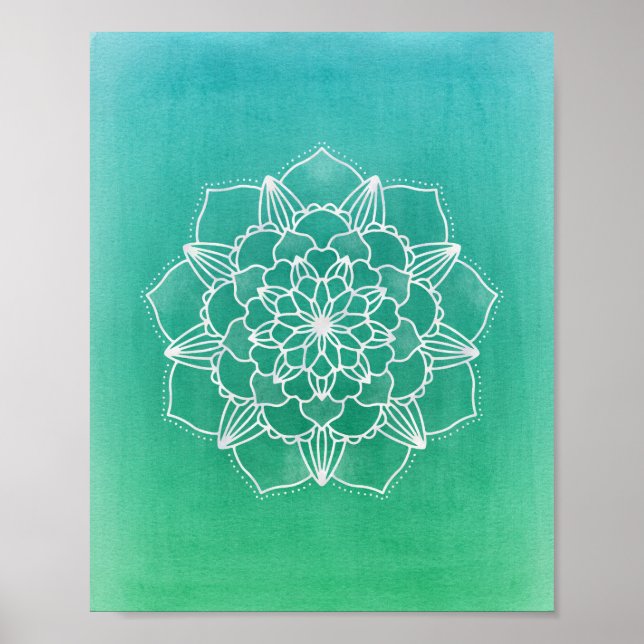 Boho Ombre Mandala Flower i Grönt Poster (Framsidan)