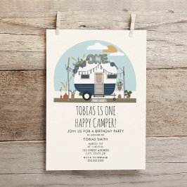 Boho One Lycklig Camper 1st Birthday Party Blue Inbjudningar