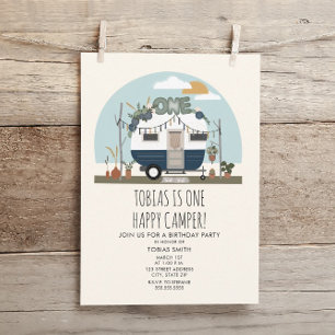 Boho One Lycklig Camper 1st Birthday Party Blue Inbjudningar