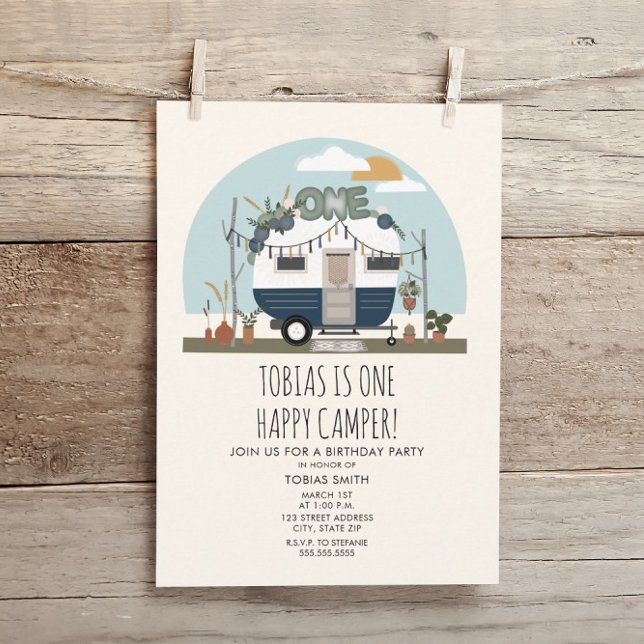 Boho One Lycklig Camper 1st Birthday Party Blue Inbjudningar (Skapare uppladdad)