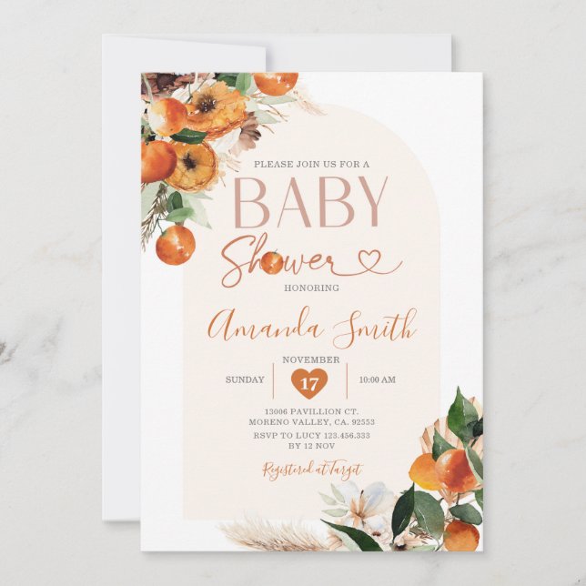 Boho Orange Baby Shower Summer Tropical Blommigt Inbjudningar (Framsida)