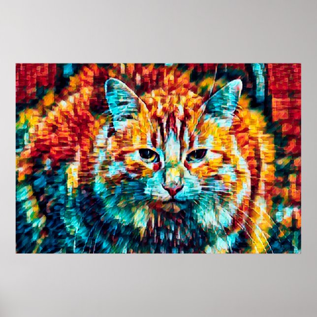 Boho Orange Blå Färgrik Hippie Tabby Katt Poster (Framsidan)