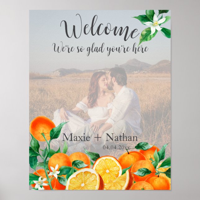 Boho Orange Blommar Bröllop Välkomstfoto Poster (Framsidan)