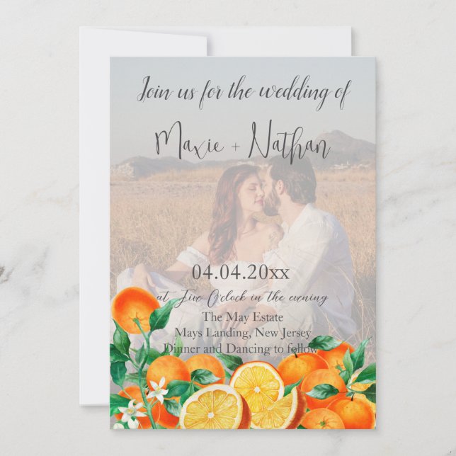 Boho Orange Blommar Photo QR Code Bröllop Inbjudningar (Framsida)