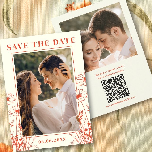 Boho Orange Blommig Linjekonst 2 Foto QR-kod  Spara Datumet (Boho Orange Floral Line Art 2 Photo QR Code Save The Date
)