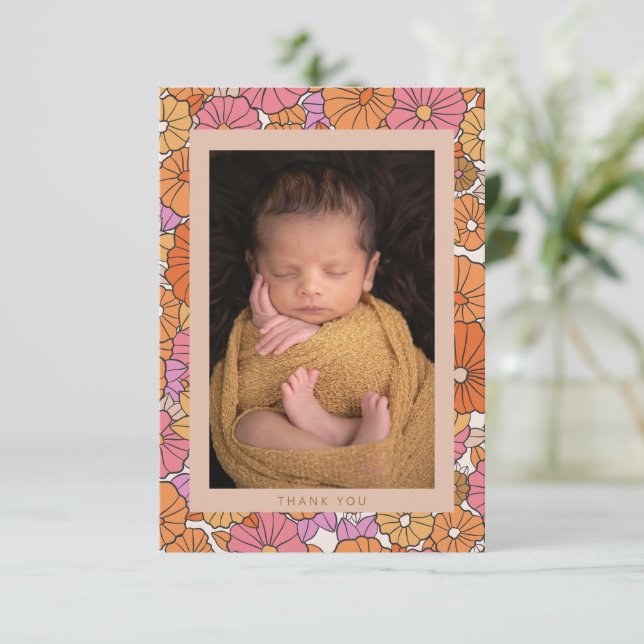 Boho Orange Blommigt Two Photo Baby Shower Message Tack Kort (Stående Fram)
