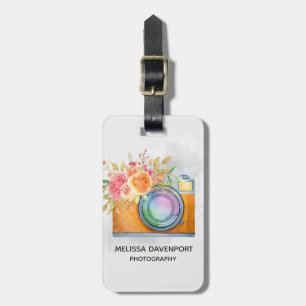Boho Orange Camera & Blommigt Bouquet Watercolor Bagagebricka