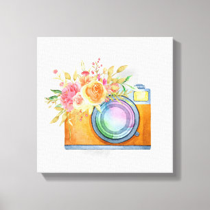 Boho Orange Camera & Blommigt Bouquet Watercolor Canvastryck