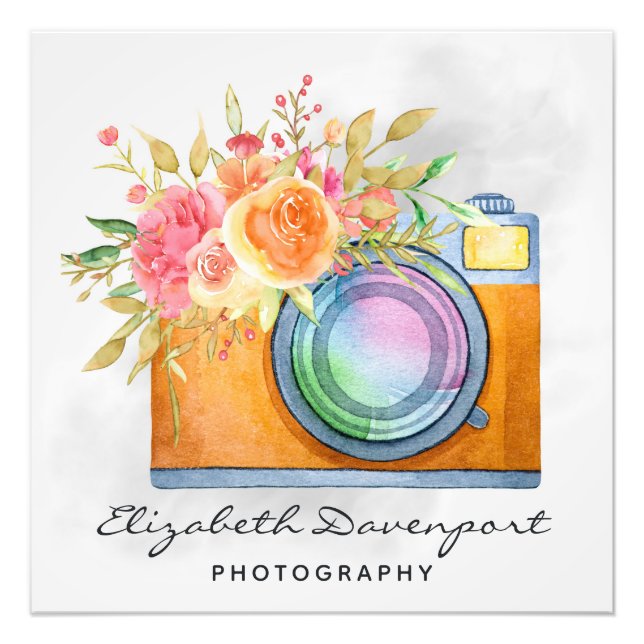Boho Orange Camera & Blommigt Bouquet Watercolor Fototryck (Framsidan)