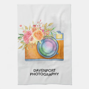 Boho Orange Camera & Blommigt Bouquet Watercolor Kökshandduk