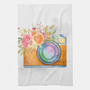 Boho Orange Camera & Blommigt Bouquet Watercolor Kökshandduk