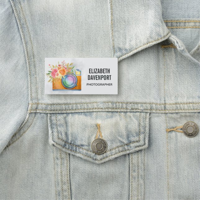 Boho Orange Camera & Blommigt Bouquet Watercolor Namnbricka (På plats)