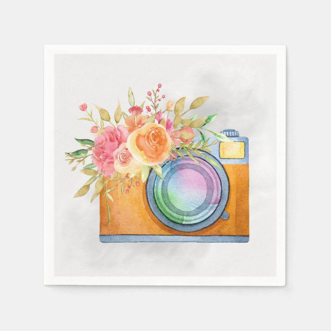 Boho Orange Camera & Blommigt Bouquet Watercolor Pappersservett (Framsidan)