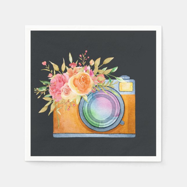 Boho Orange Camera & Blommigt Bouquet Watercolor Pappersservett (Framsidan)