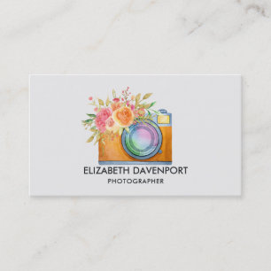Boho Orange Camera & Blommigt Bouquet Watercolor Visitkort