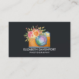 Boho Orange Camera & Blommigt Bouquet Watercolor Visitkort