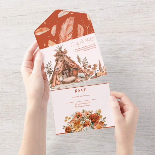 Boho Orange Flowers alla på en bröllopsinbjudan (Avrivbar del)