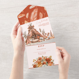 Boho Orange Flowers alla på en bröllopsinbjudan