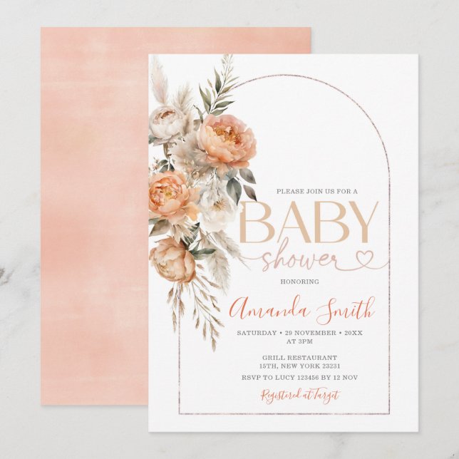 Boho Orange Flowers Girl Baby Shower Pampas Grass Inbjudningar (Fram/baksida)