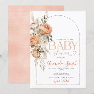 Boho Orange Flowers Girl Baby Shower Pampas Grass Inbjudningar