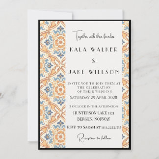 Boho Orange Geometrisk Italiensk Kakel + Kant Inbjudningar