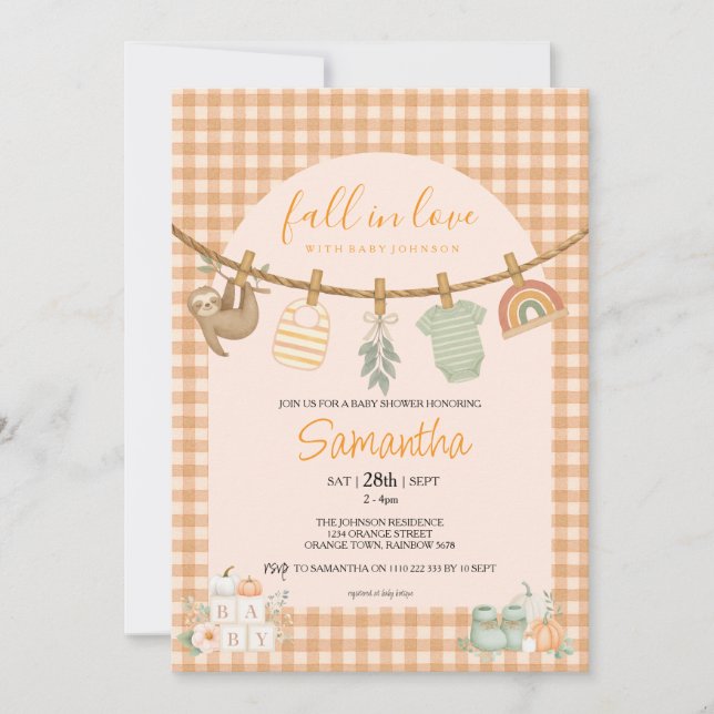 Boho Orange Gingham Klädtrog Baby Shower Inbjudningar (Framsida)