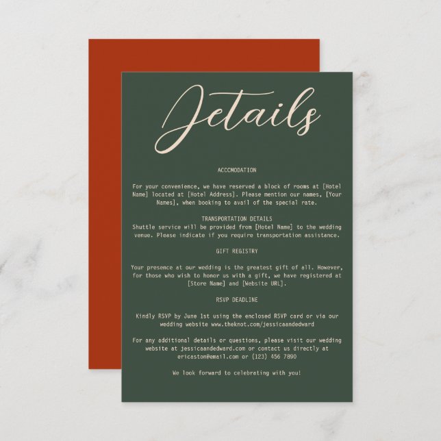 Boho Orange Grönt Bröllop Information Qr Code Simp Tilläggskort (Fram/baksida)