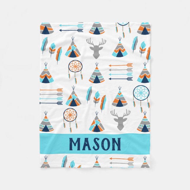 Boho orange och blue southwest fleecefilt (Framsidan)