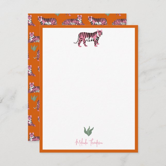 Boho Orange Pink Jungle Tiger Script Anteckningskort (Fram/baksida)