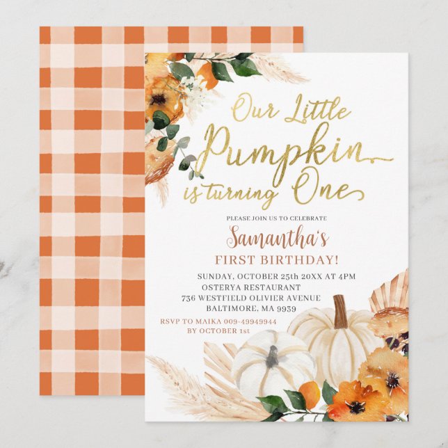 Boho Orange Pumpkin Birthday-inbjudan Inbjudningar (Fram/baksida)