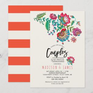 Boho Orange rand Folk Flowers Par Shower Inbjudningar