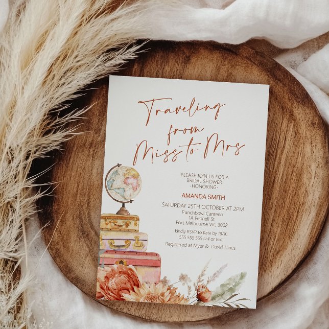 Boho Orange reser in på fru Möhippa Inbjudningar (Fall Traveling for Miss To Mrs Bridal Shower Invitation Template, Miss To Mrs Invitation Autumn)