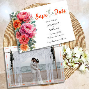 Boho Orange & Rosa Blommigt Photo Initialer Bröllo Spara Datumet